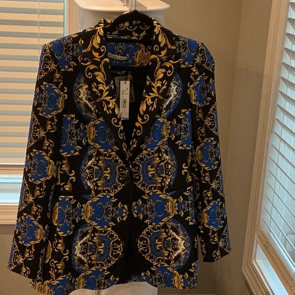Alice + Olivia Black and Blue Baroque Patterned Blazer